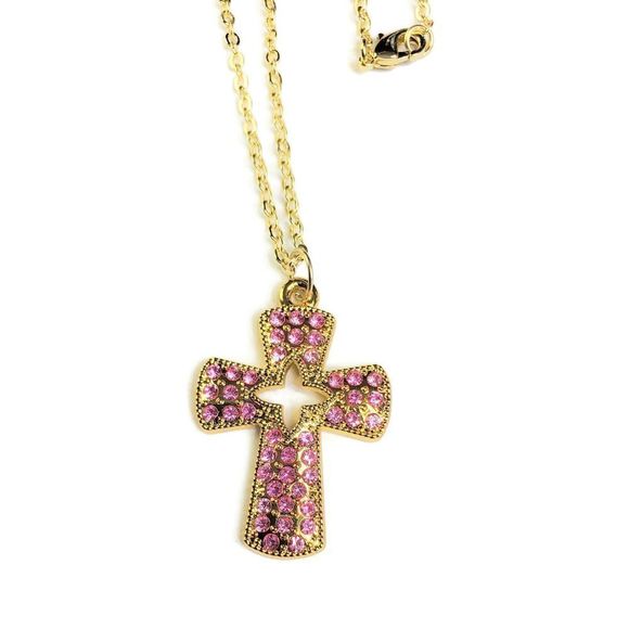Pink Pave Crystal Cross Necklace - Picture 5 of 14